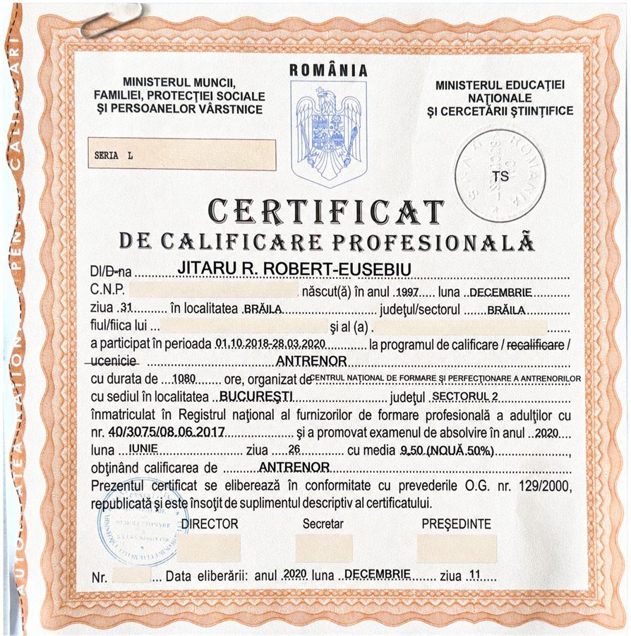 Certificat de calificare profesională ca antrenor pentru Robert Jitaru